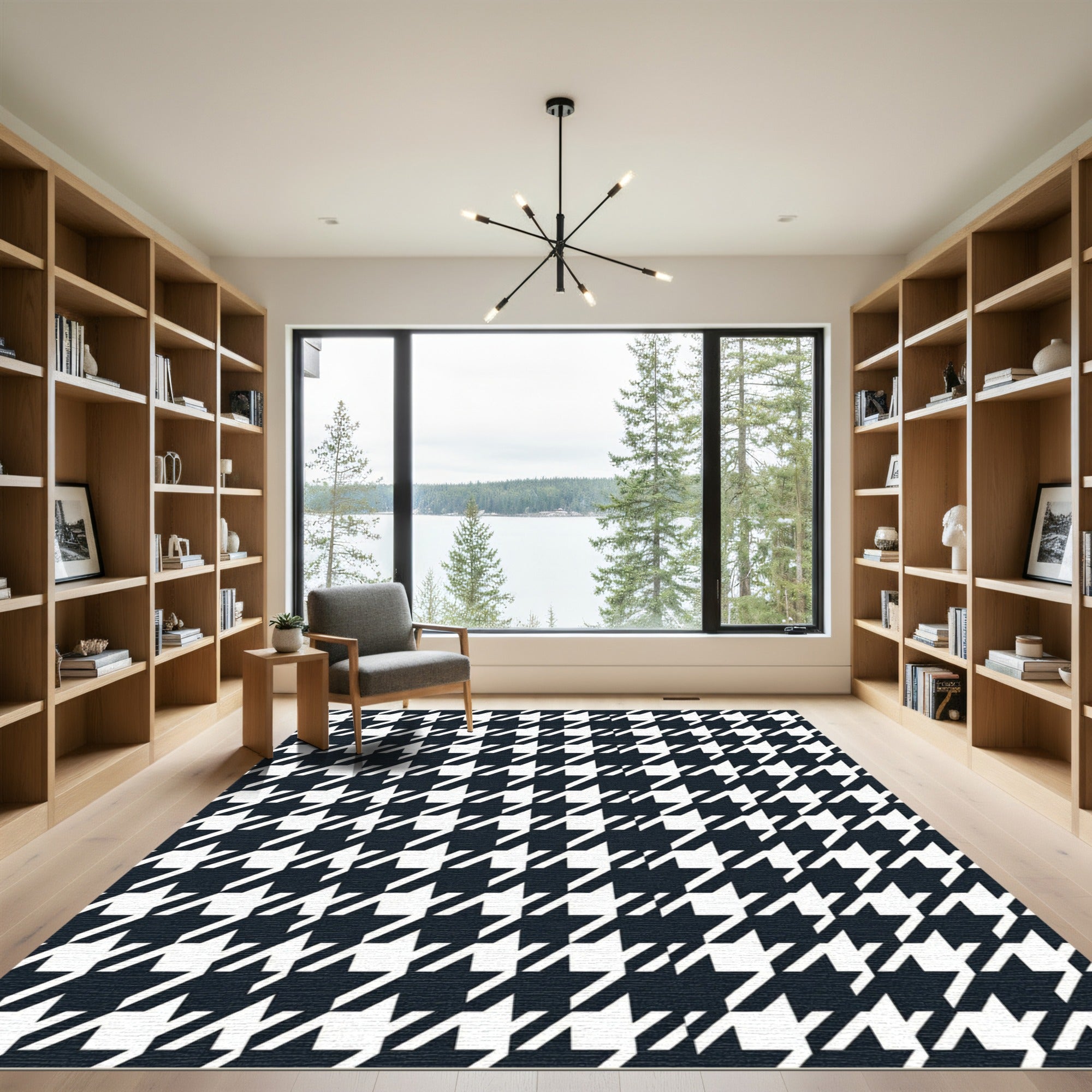 Classic Houndstooth Black White Geometric Rug