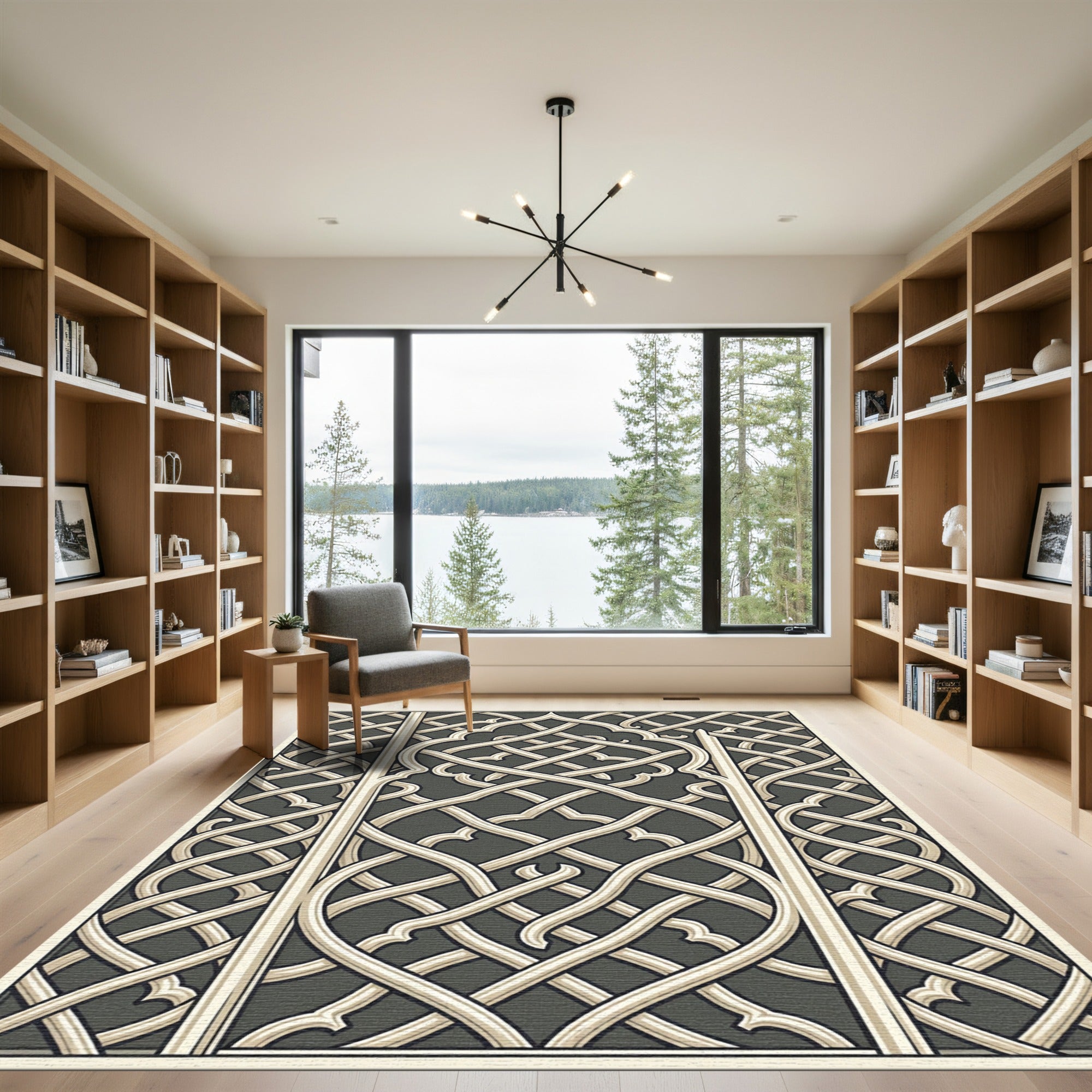 Intricate Ivory Interlocking Lattice Charcoal Rug