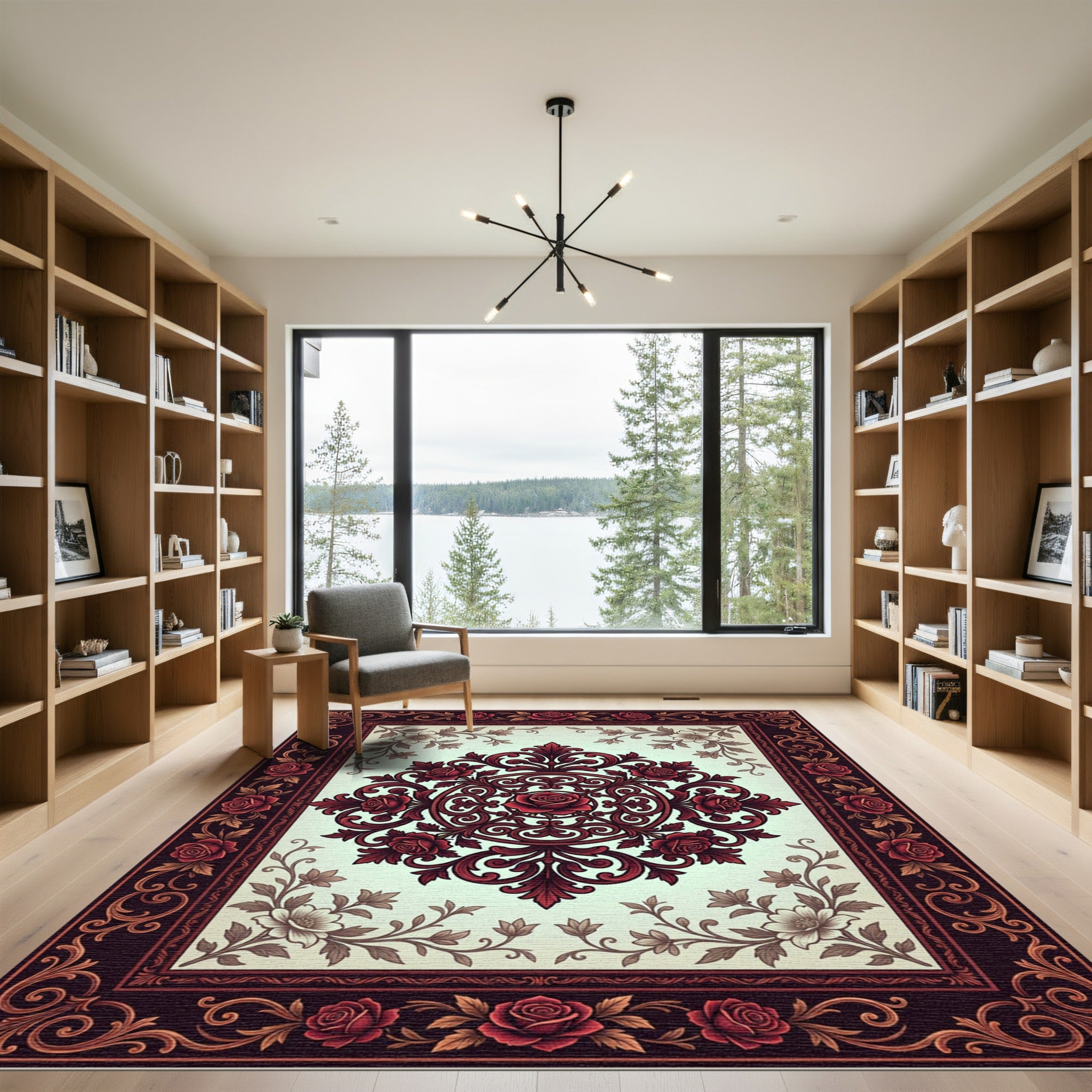 Deep Crimson Rose Ornate Medallion Rug