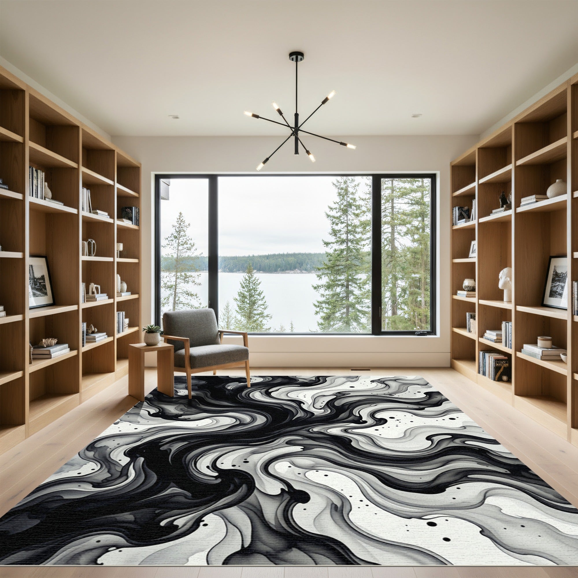 Abstract Black Ink Swirls Rug