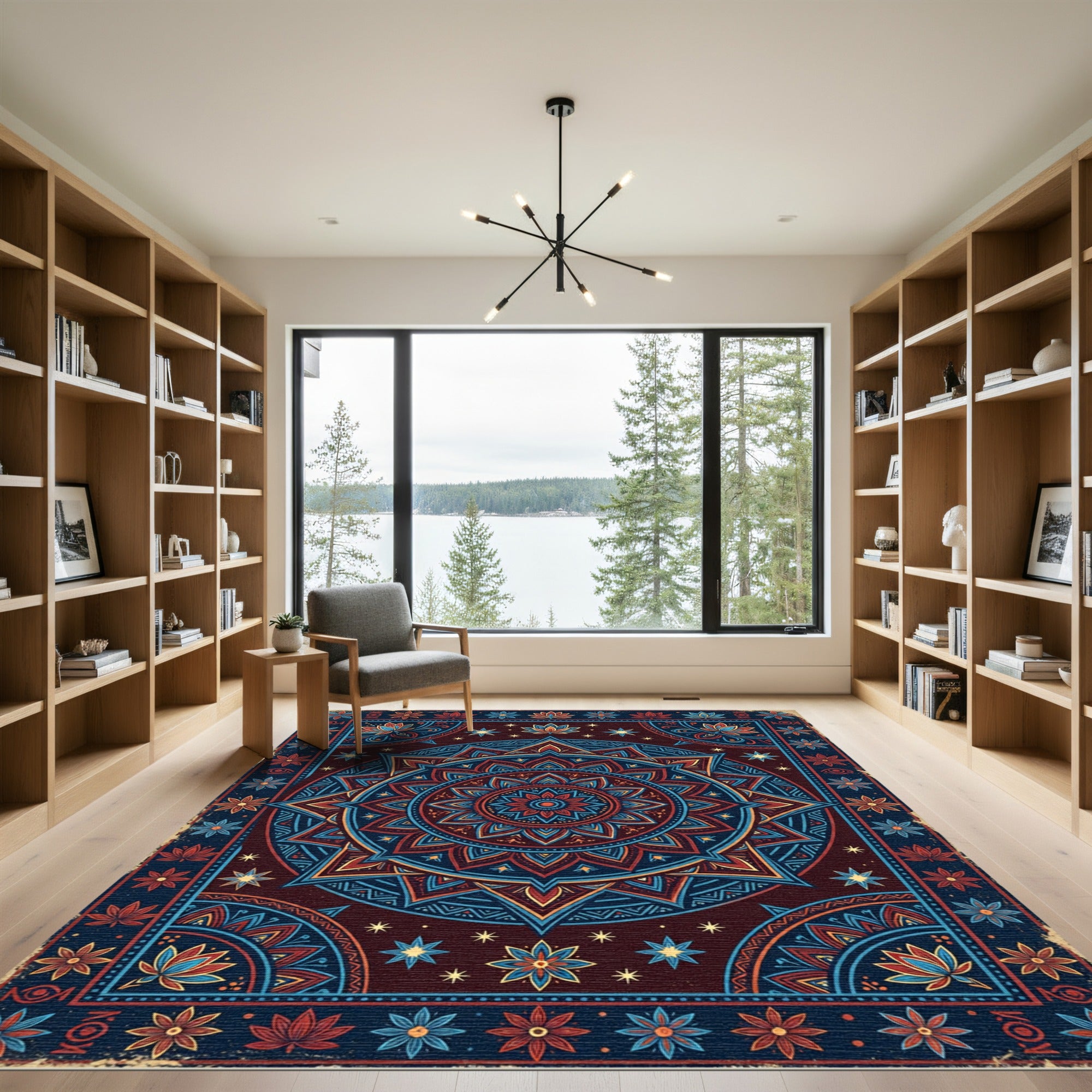 Crimson Blue Lotus Star Mandala Rug