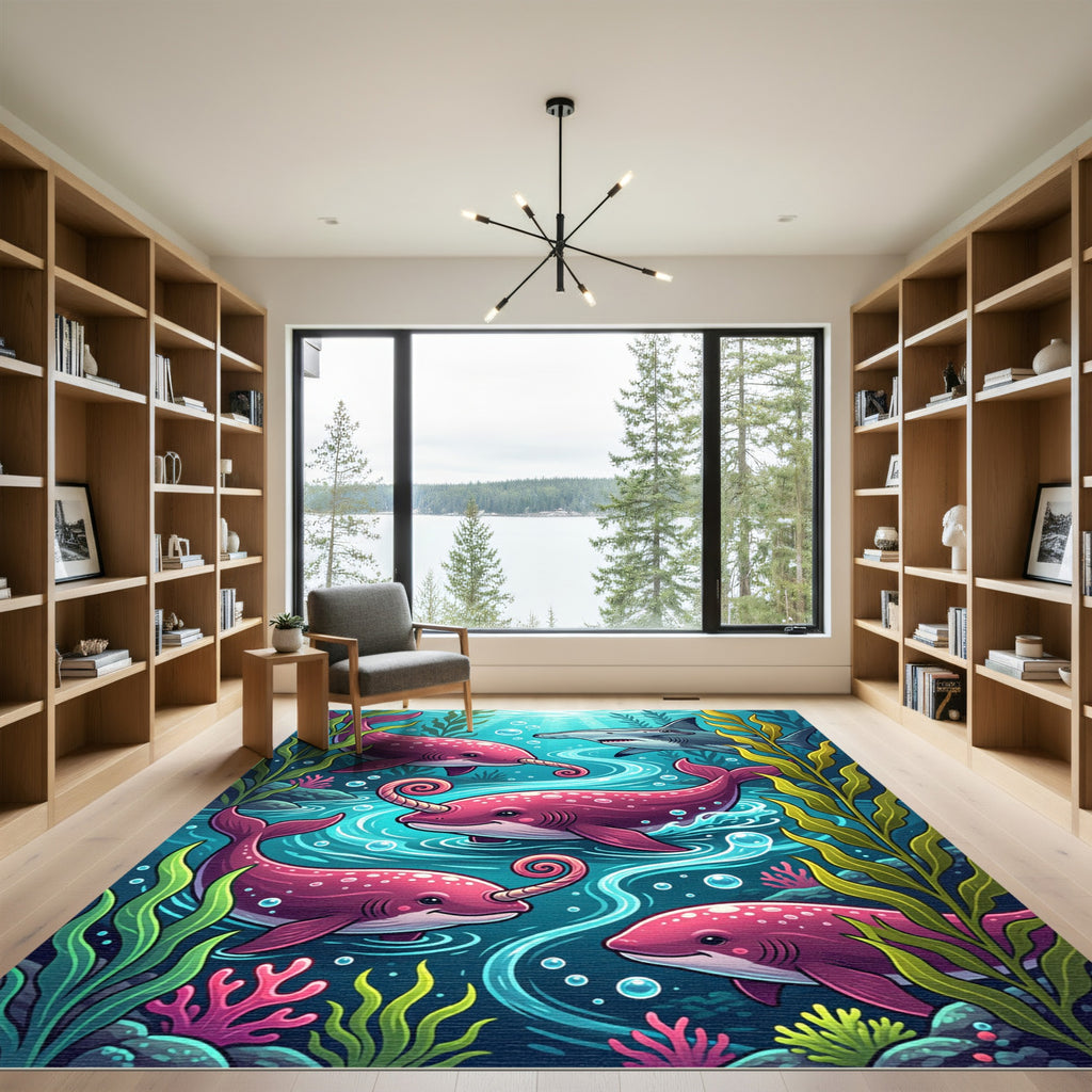 Vibrant Pink Narwhal Ocean Scene Rug