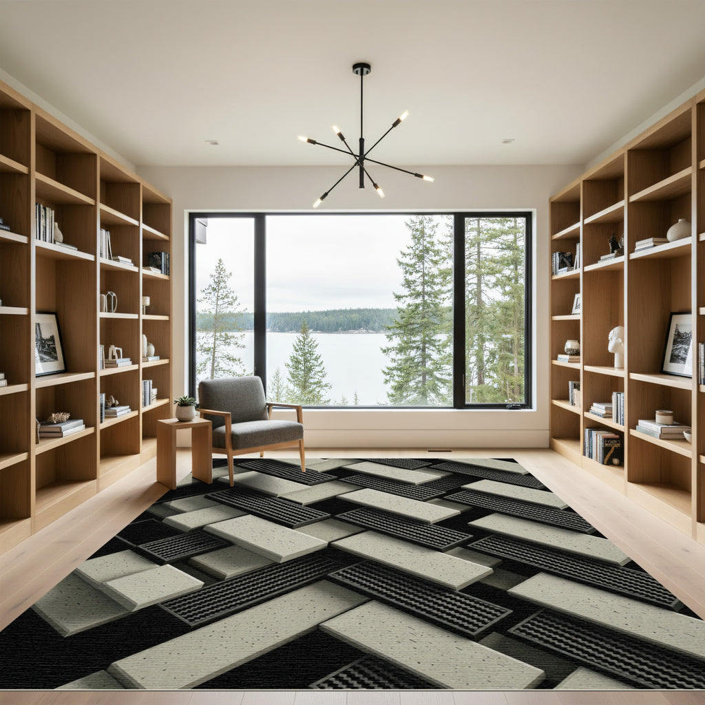 Monochrome Geometric Herringbone Concrete Texture Rug