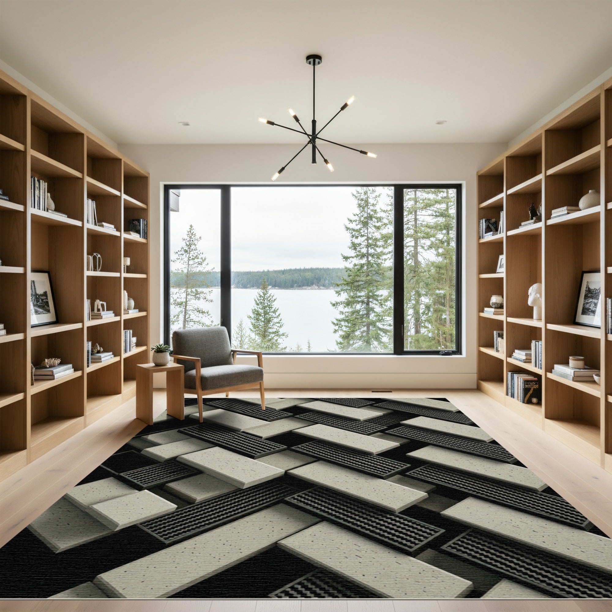 Monochrome Geometric Herringbone Concrete Texture Rug