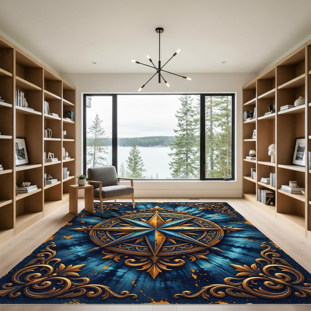 Ornate Celestial Compass Blue Gold Rug