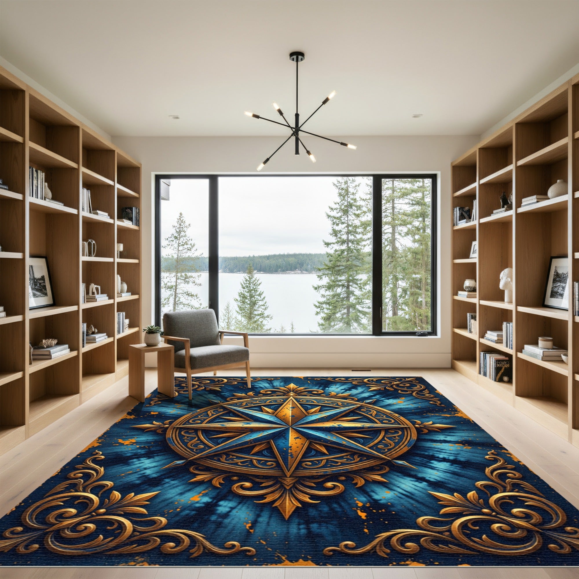 Ornate Celestial Compass Blue Gold Rug