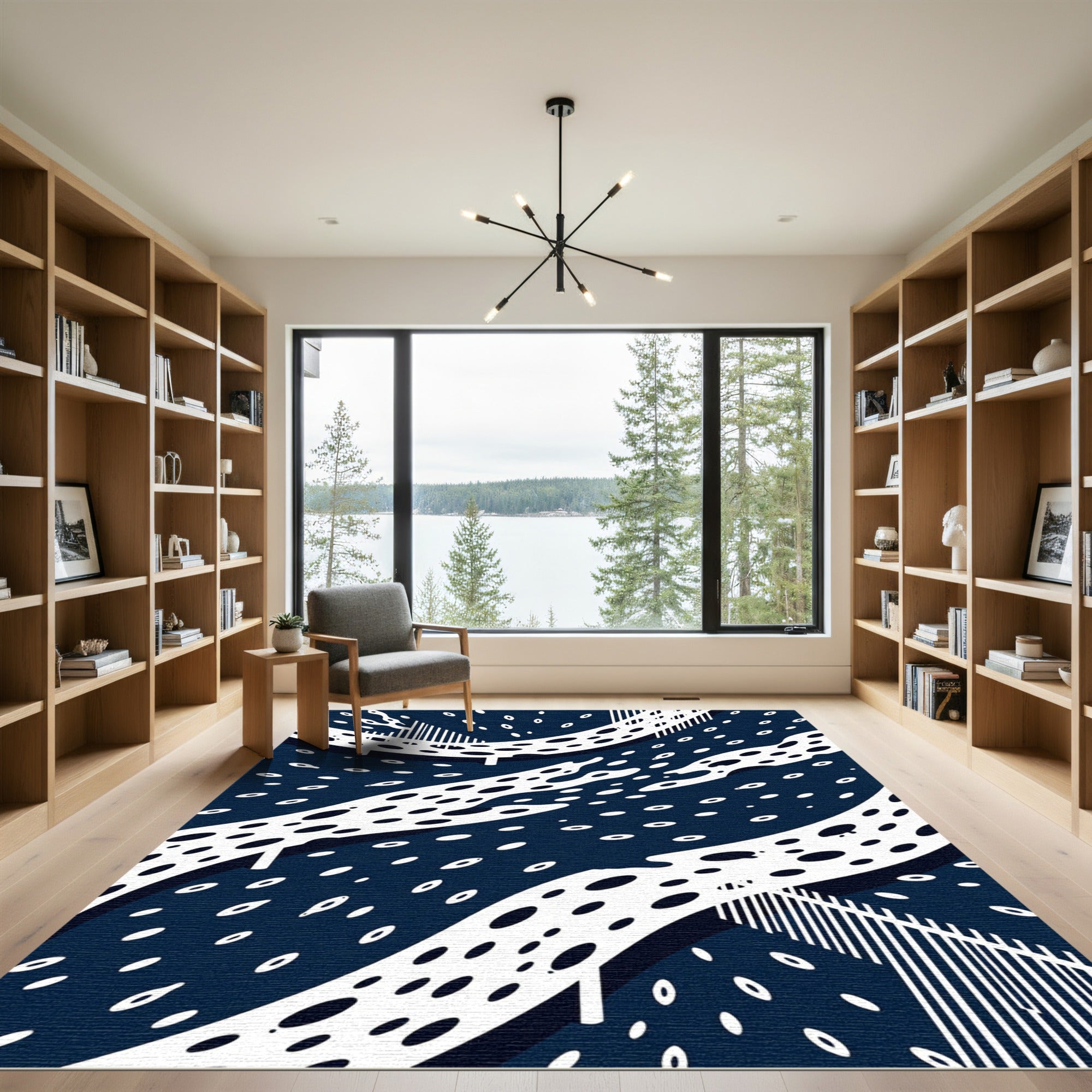 Abstract Midnight Blue Dotted Oceanic Flow Rug
