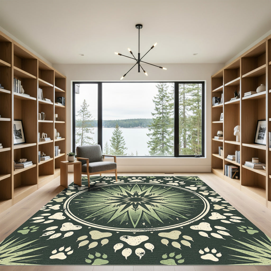 Sage Green Paw Starburst Mandala Rug