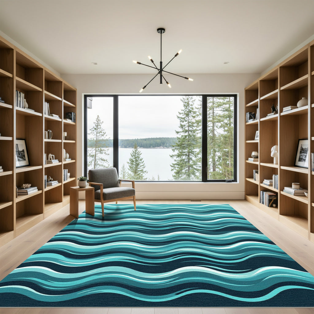 Modern Teal Serene Ocean Waves Rug