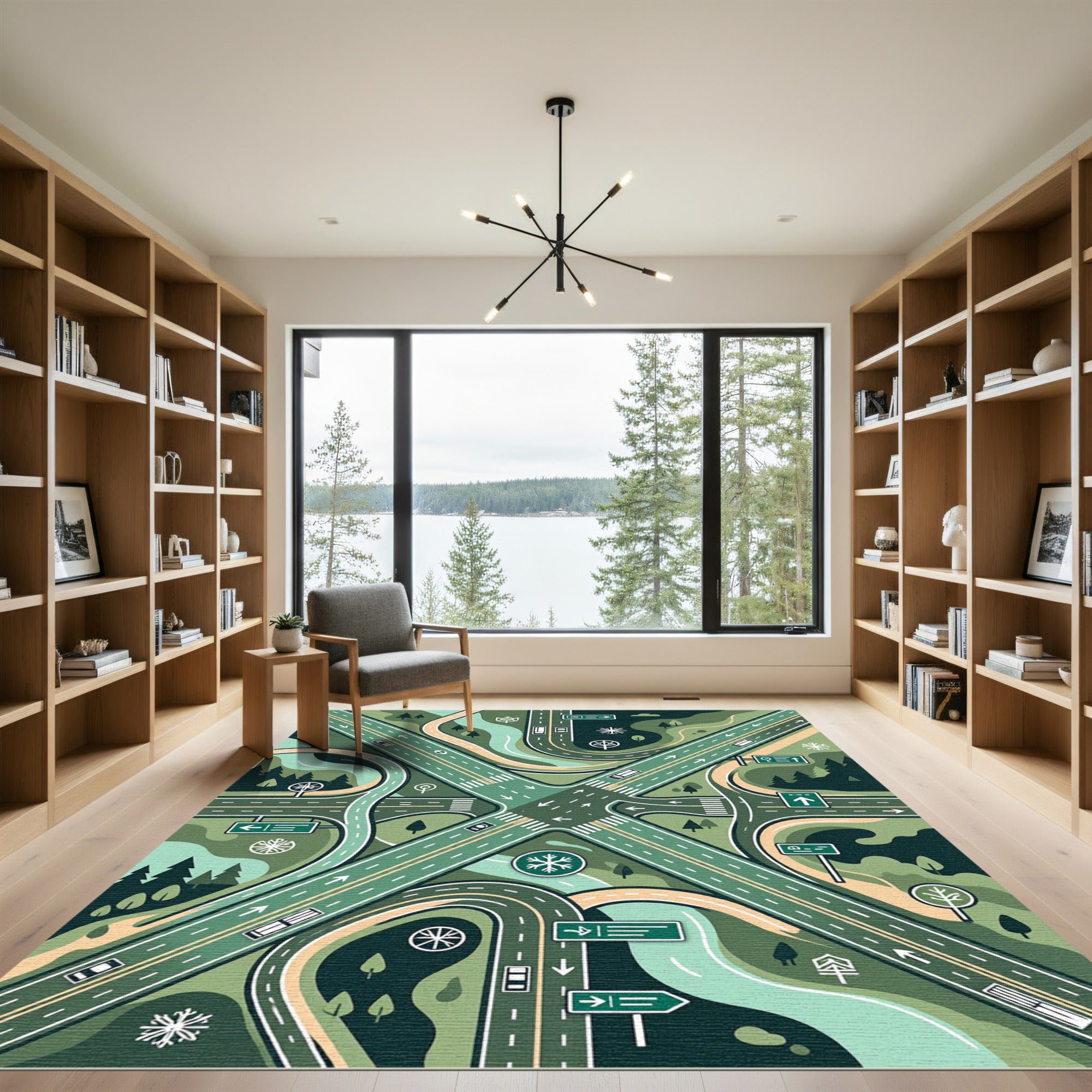 Geometric Sage Crossroad Highway Map Rug