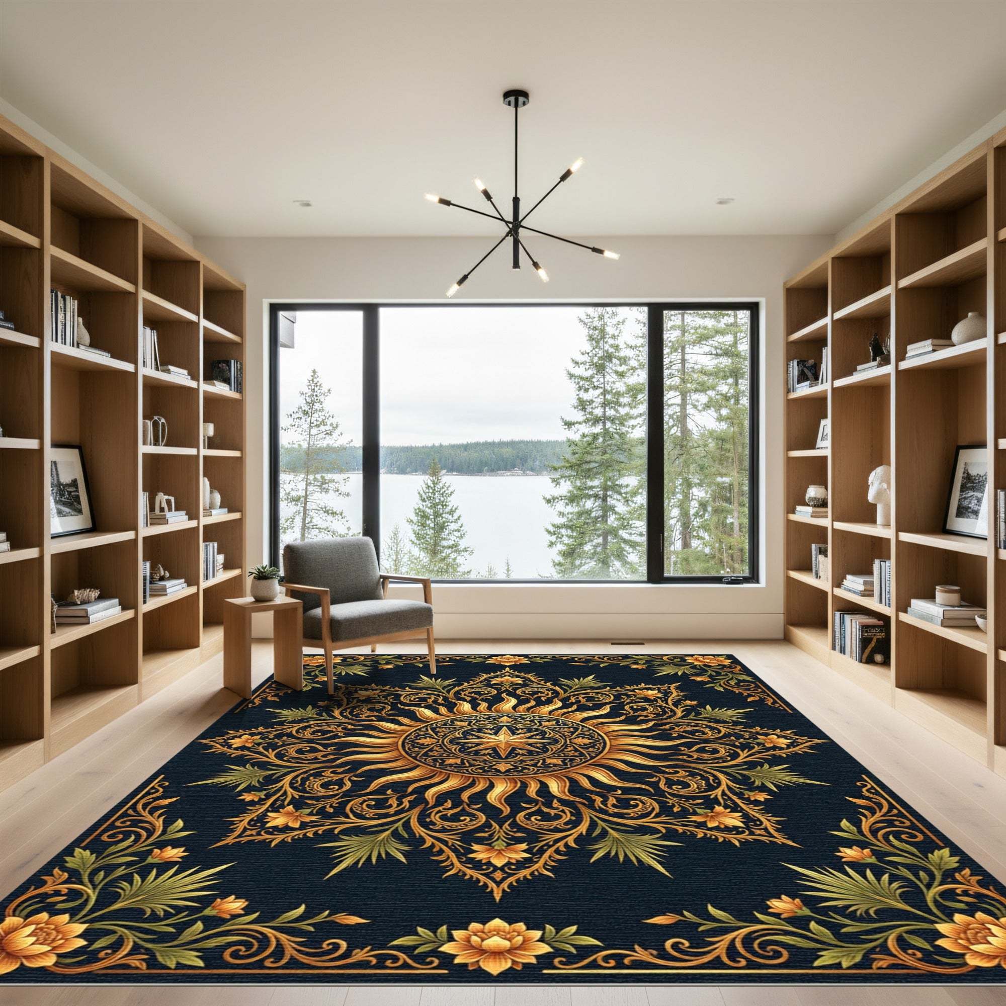 Ornate Golden Sunburst Floral Medallion Rug