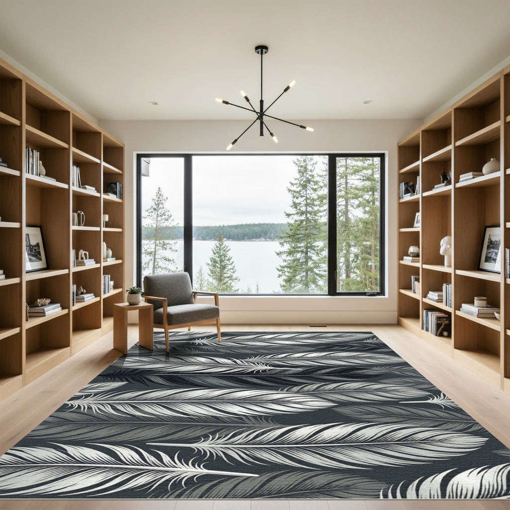 Monochromatic Feather Gray Botanical Art Rug