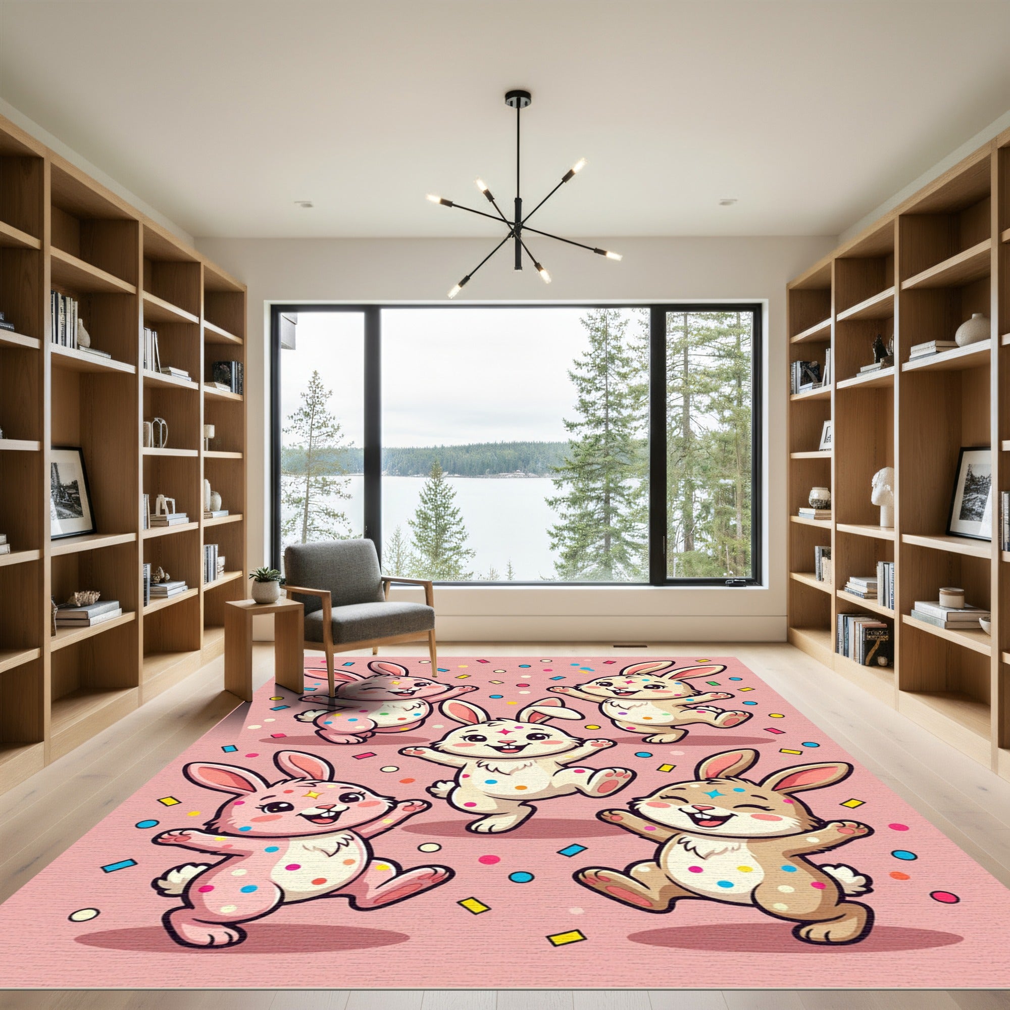 Whimsical Pink Confetti Easter Bunny Play Rug