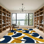 Modern Navy and Mustard Abstract Leaf Rug