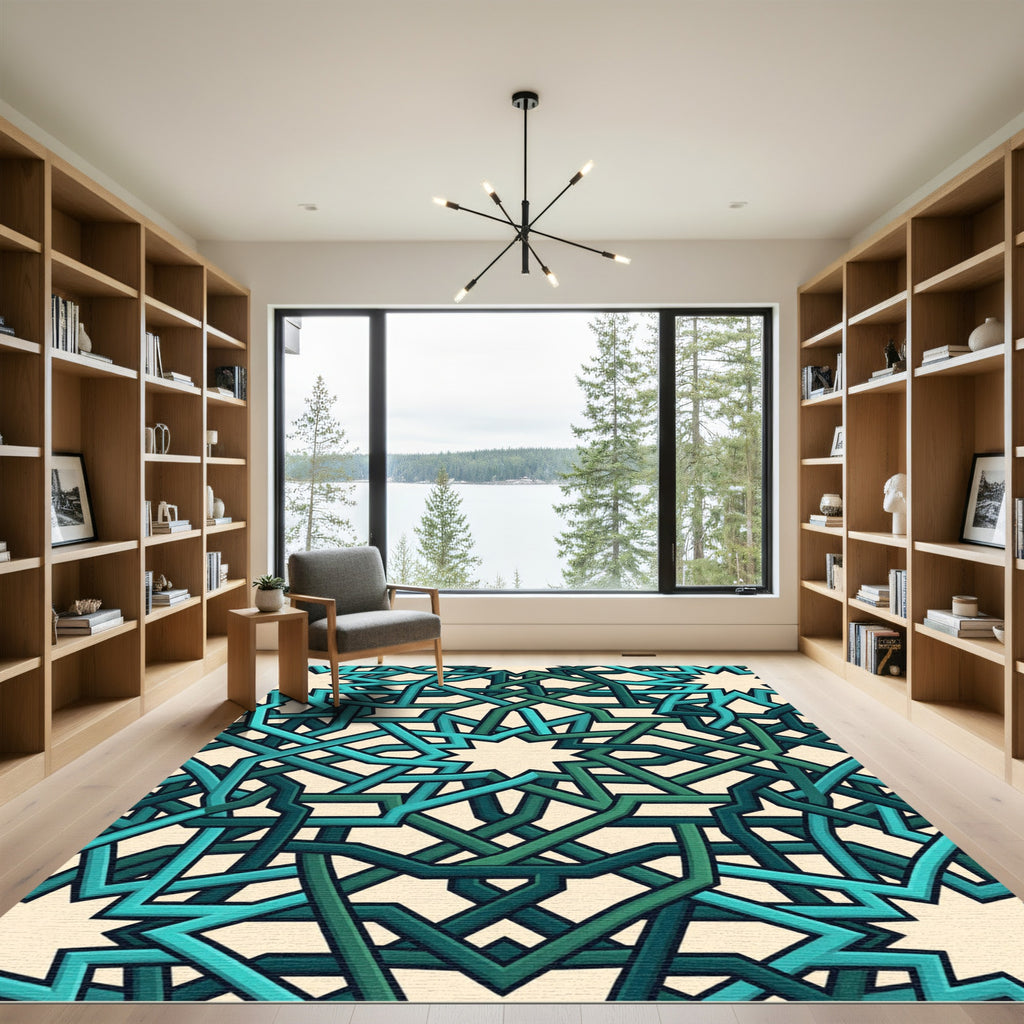 Teal Geometric Interlocking Star Tile Rug