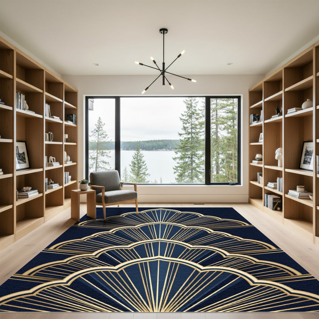 Elegant Navy Gold Art Deco Fan Rug