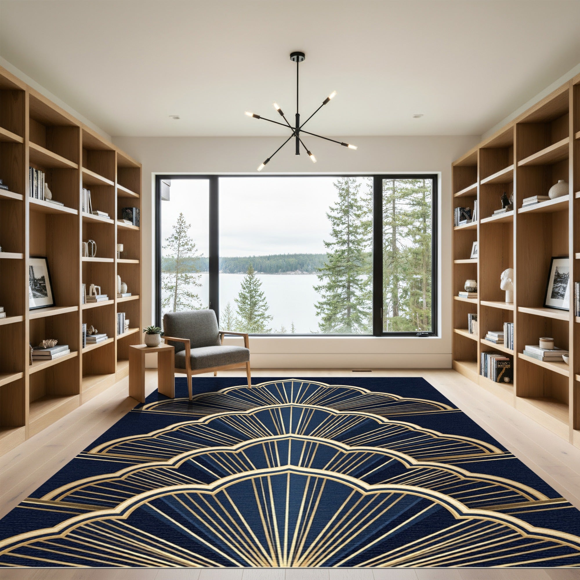 Elegant Navy Gold Art Deco Fan Rug