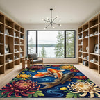 Golden Koi and Chrysanthemum Floral Navy Rug