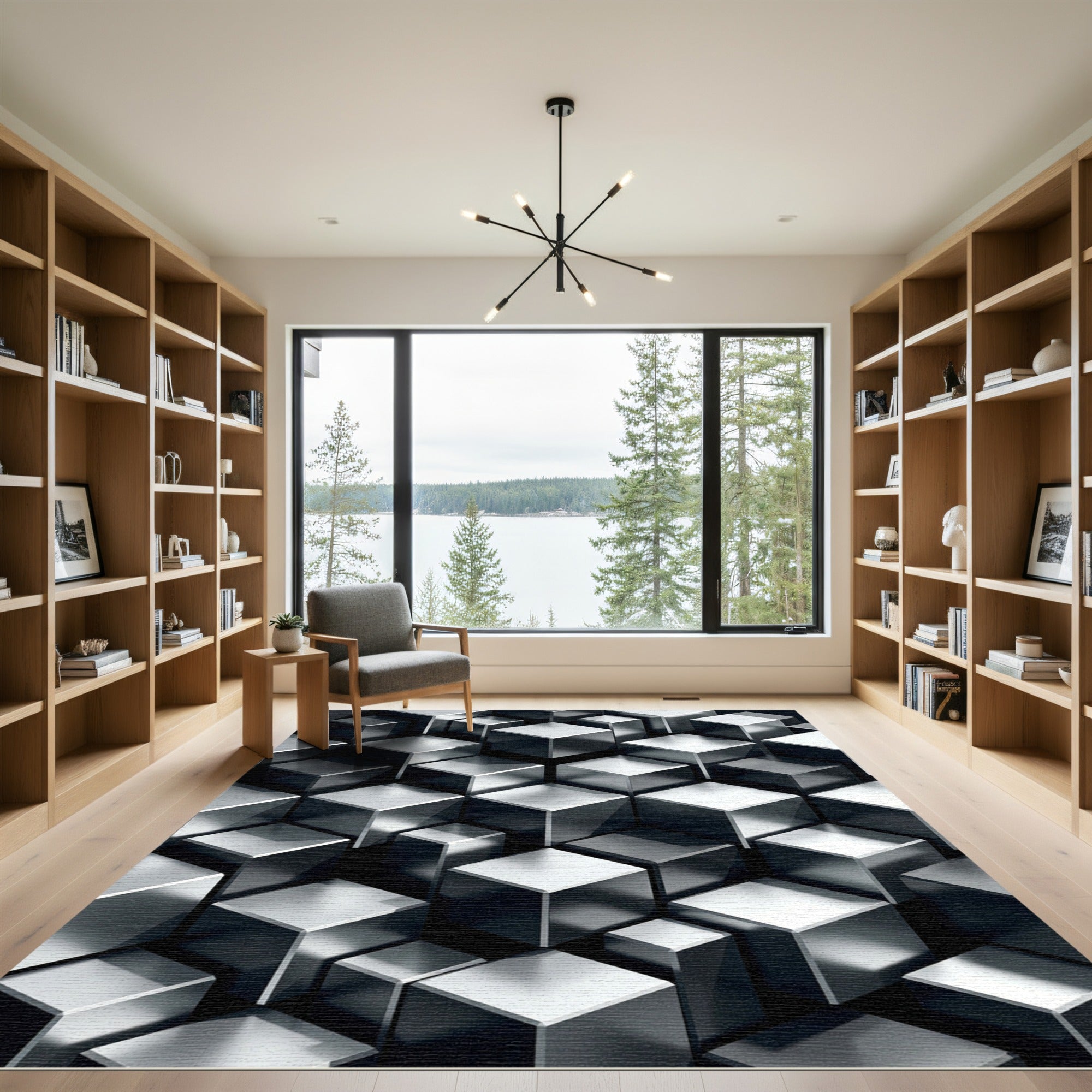Metallic Silver Three Dimensional Geometric Block Rug