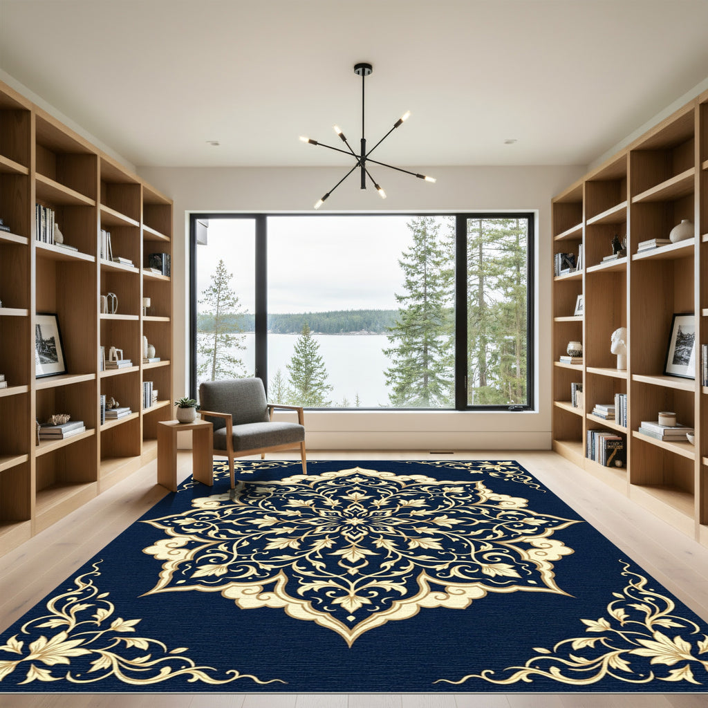 Navy Blue Gold Ornate Floral Medallion Rug
