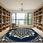 Navy Blue Gold Ornate Floral Medallion Rug