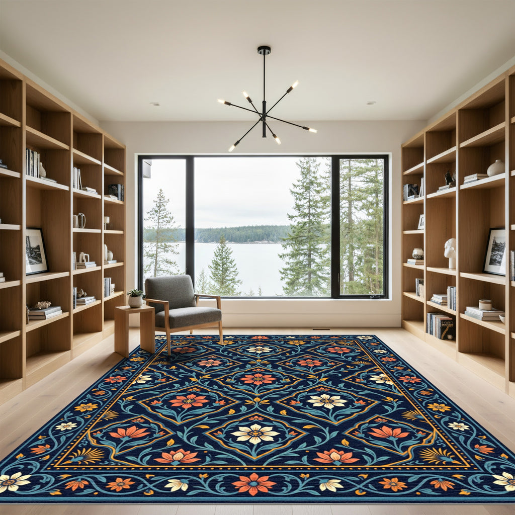 Midnight Navy Floral Diamond Mosaic Rug