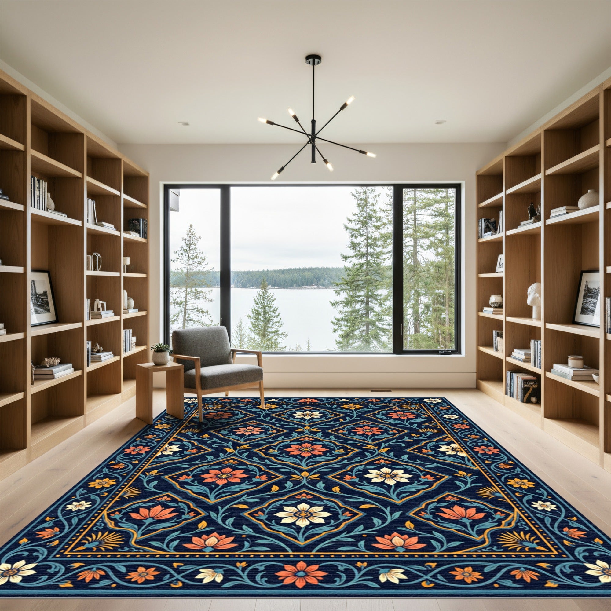 Midnight Navy Floral Diamond Mosaic Rug