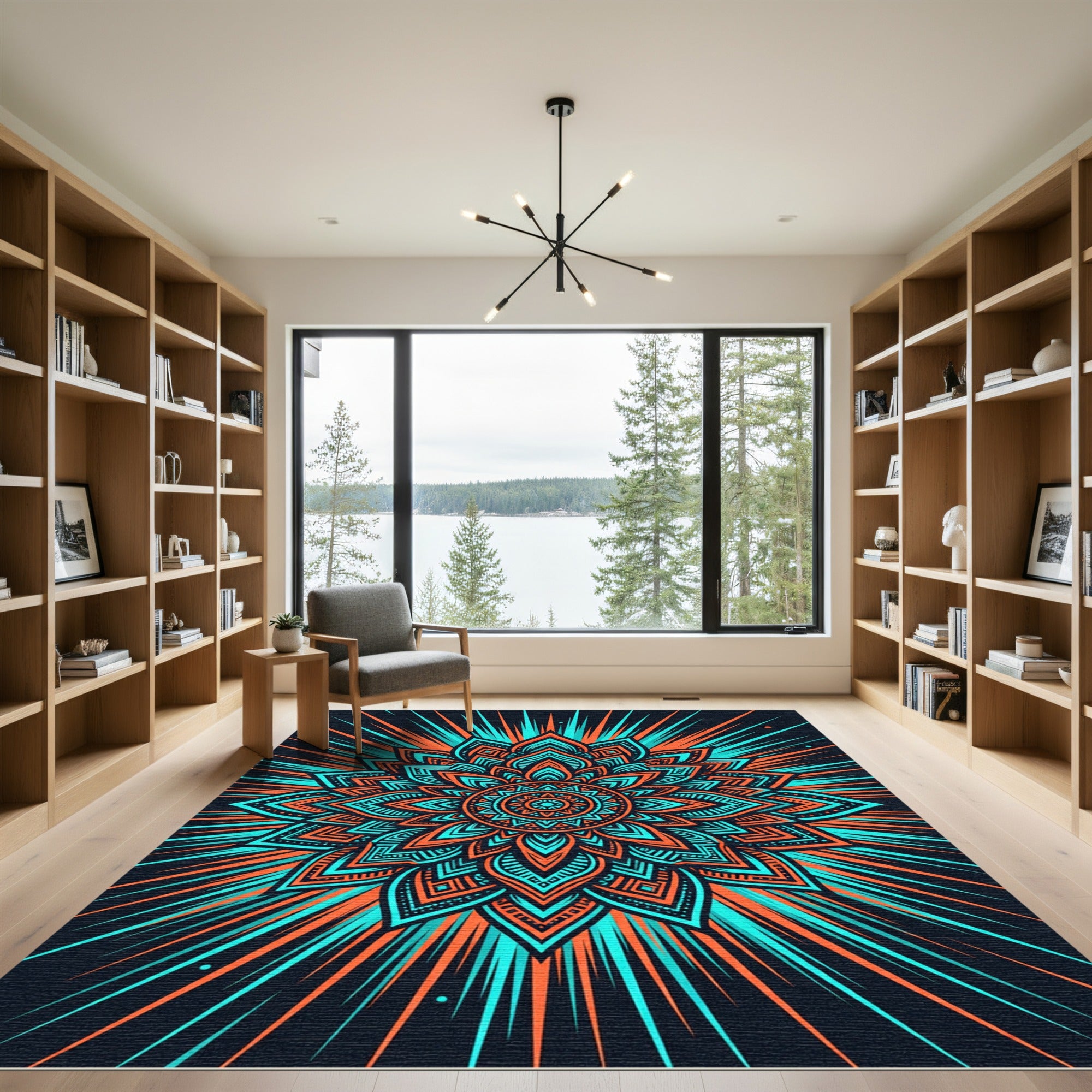 Radiant Teal Orange Mandala Bloom Rug