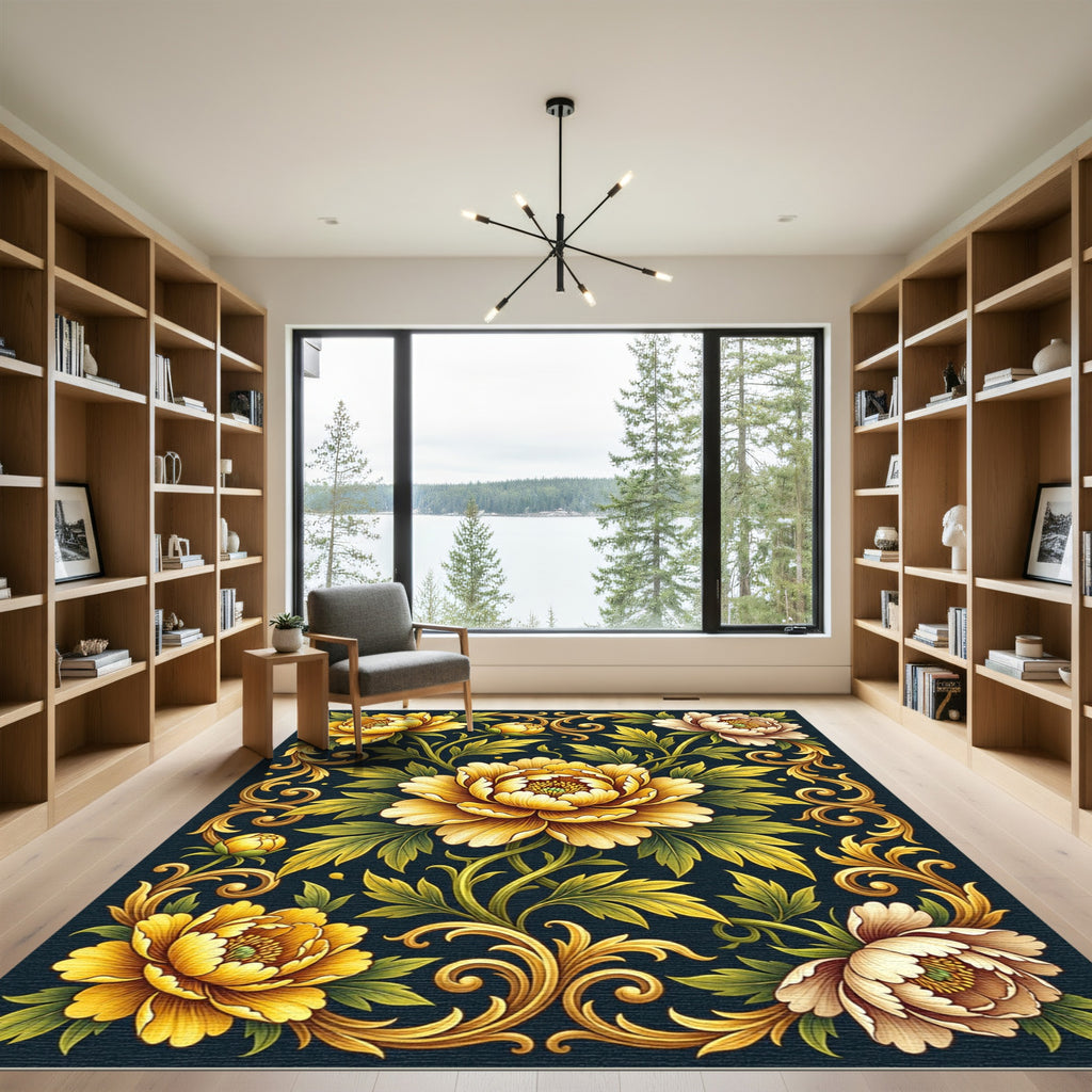 Golden Peonies with Baroque Scrollwork Rug