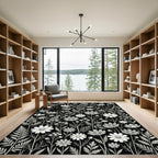 Black And White Floral Botanical Garden Rug