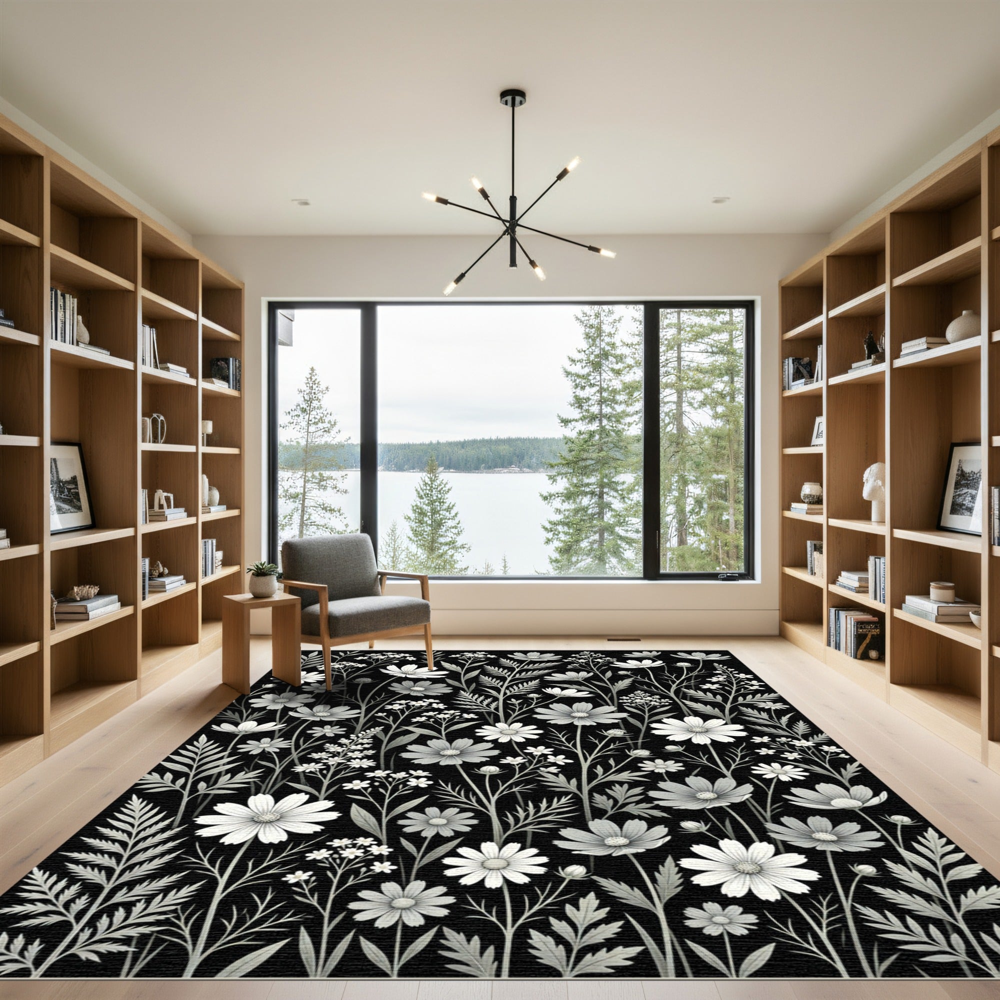Black And White Floral Botanical Garden Rug