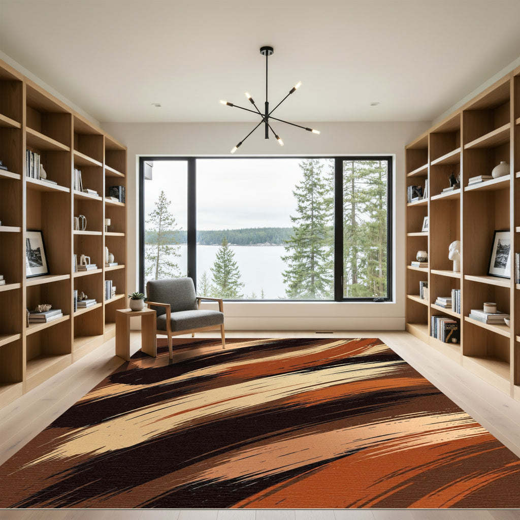 Earthy Brown Abstract Brushstroke Swirl Rug