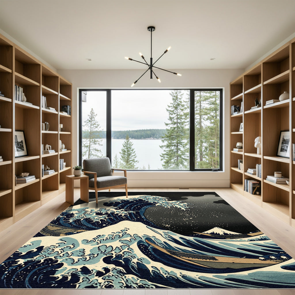 Deep Blue Ocean Wave Mountain Scene Rug