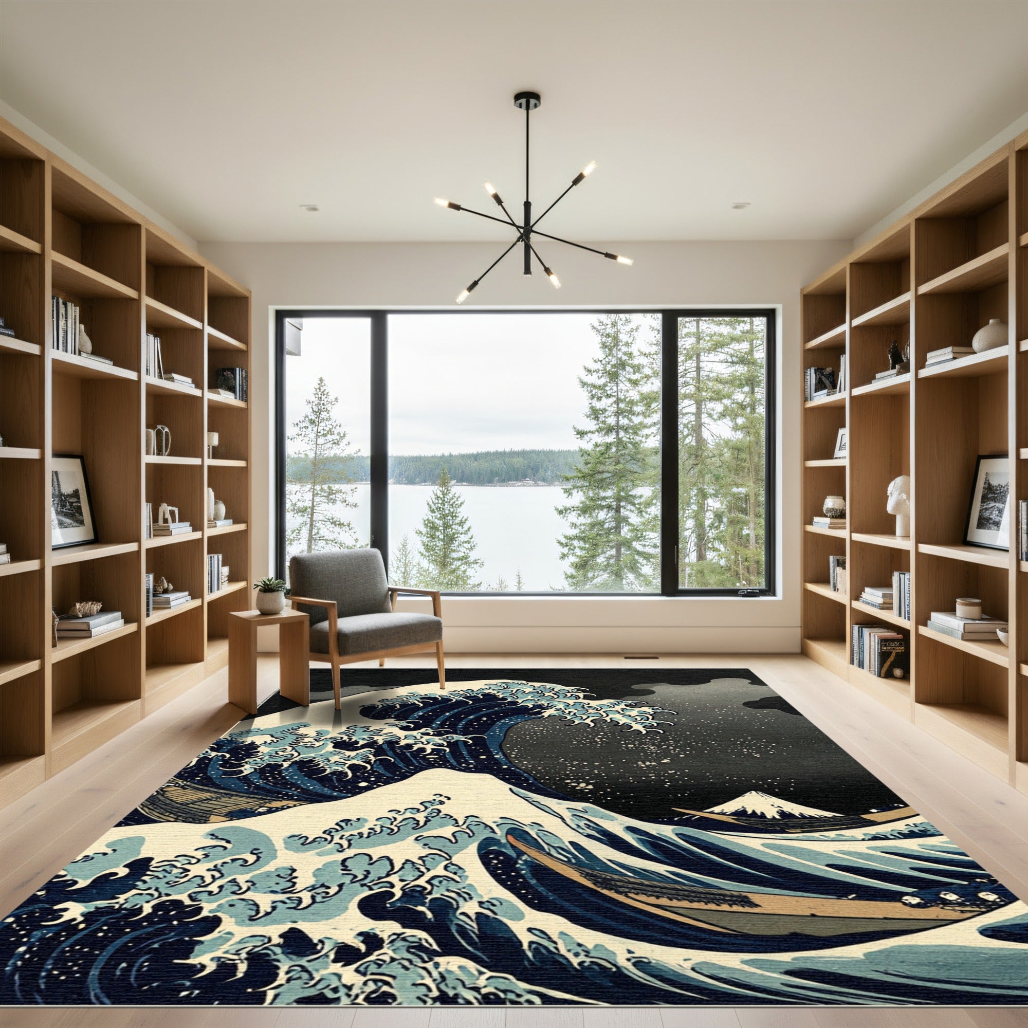 Deep Blue Ocean Wave Mountain Scene Rug