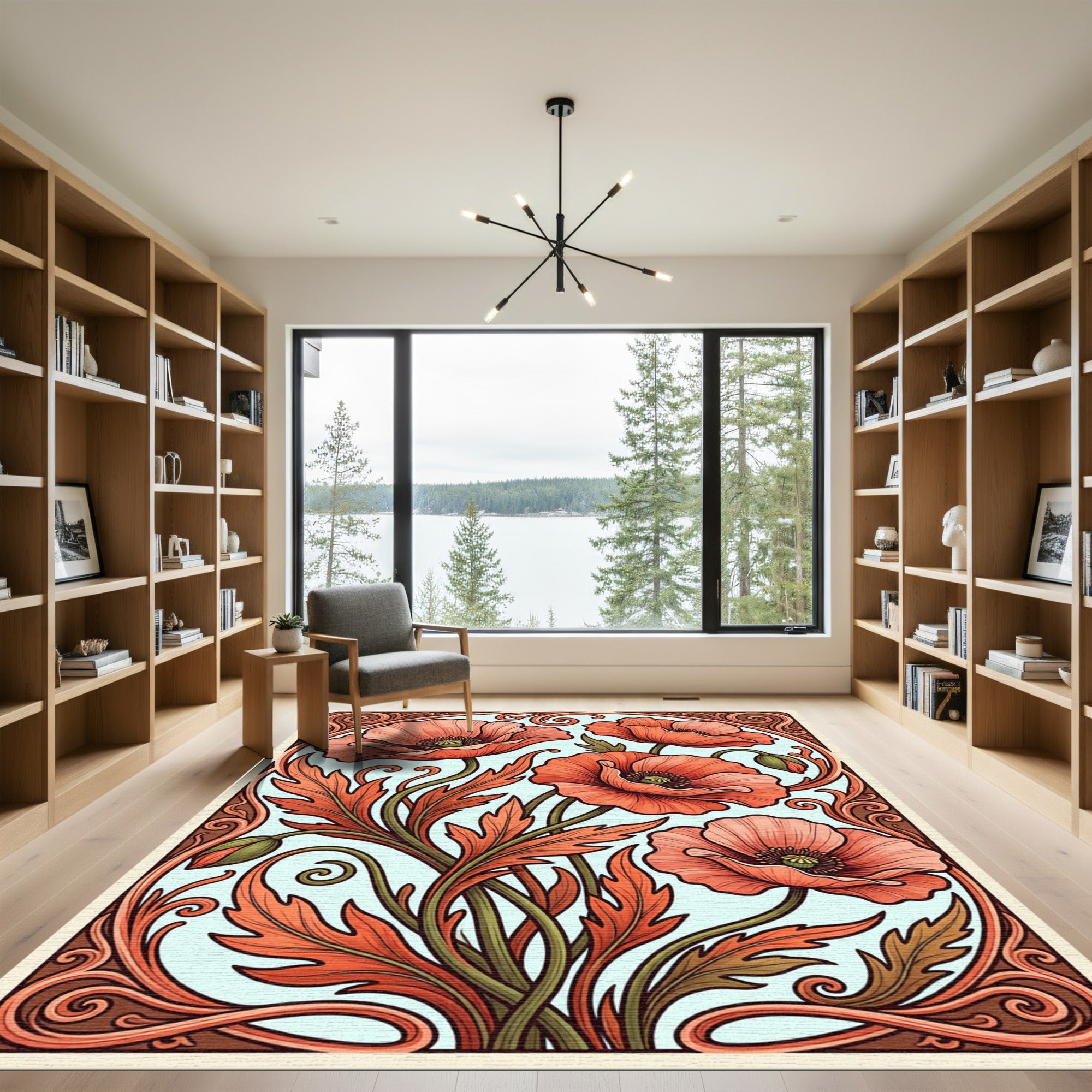 Art Nouveau Poppy Botanical Coral Rug