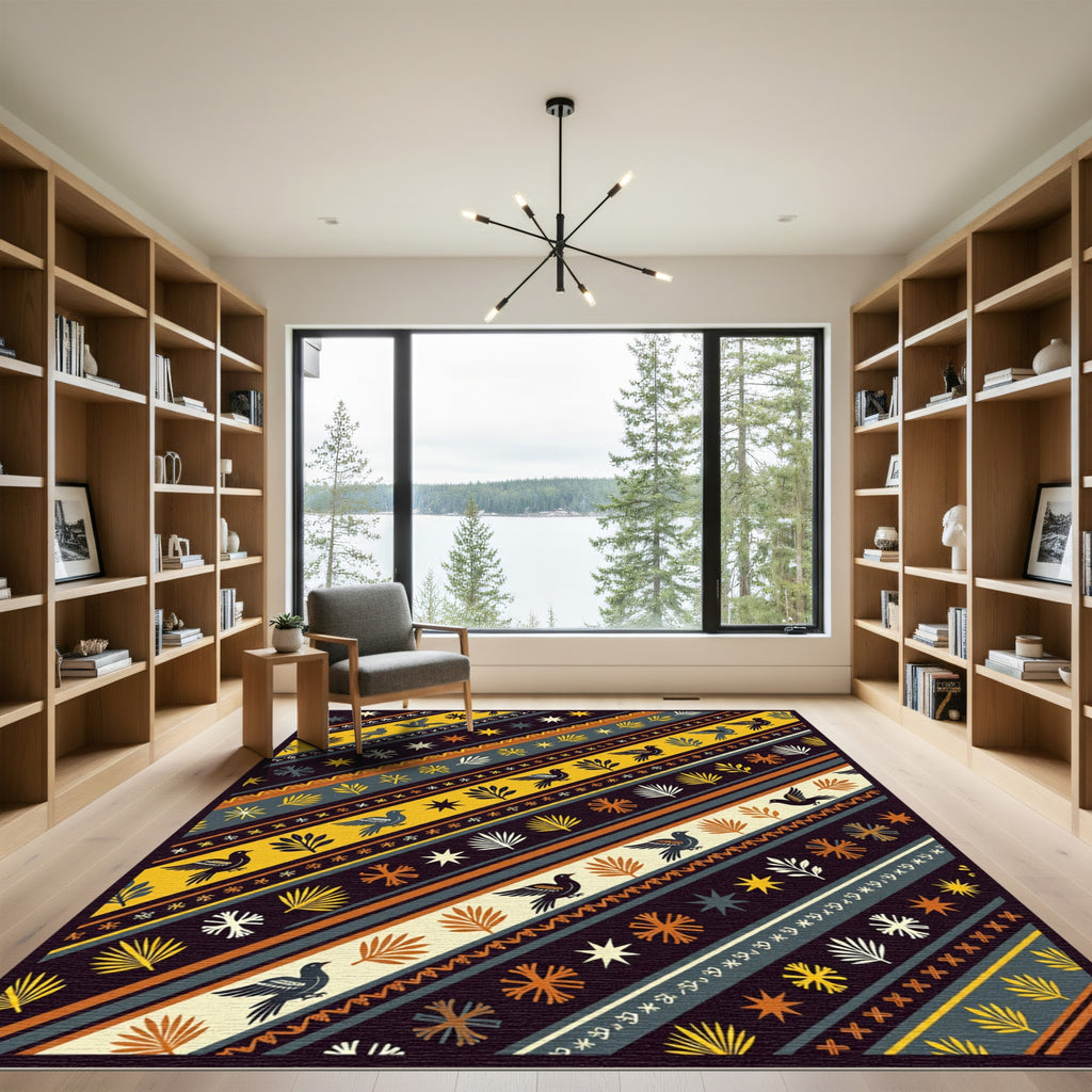 Earthy Gold Bird and Folk Star Diagonal Rug