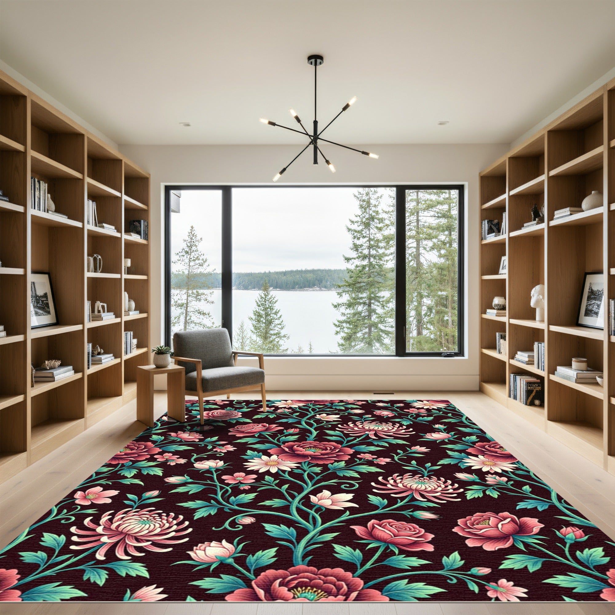Dark Crimson Floral Victorian Botanical Rug