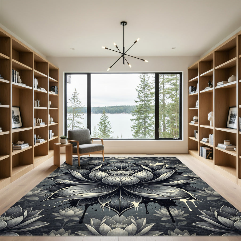 Monochrome Zen Lotus Blossom Floral Rug