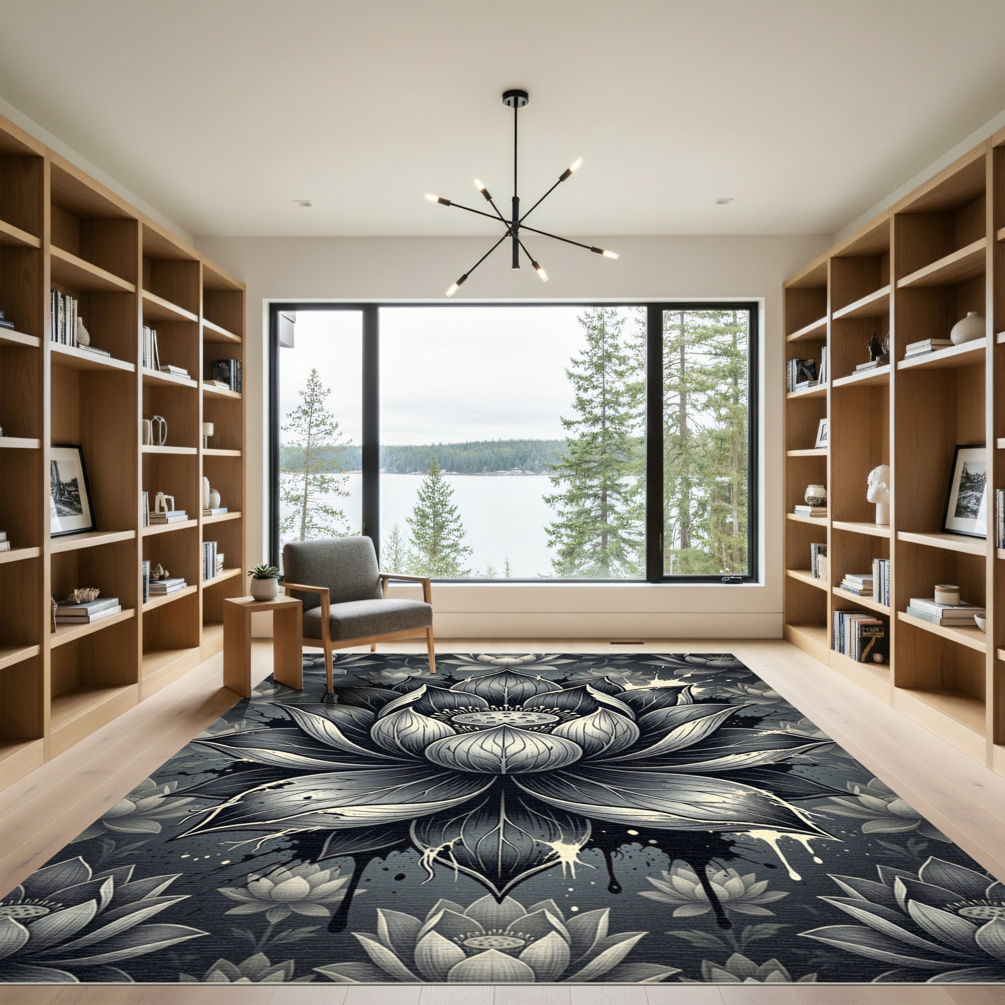 Monochrome Zen Lotus Blossom Floral Rug