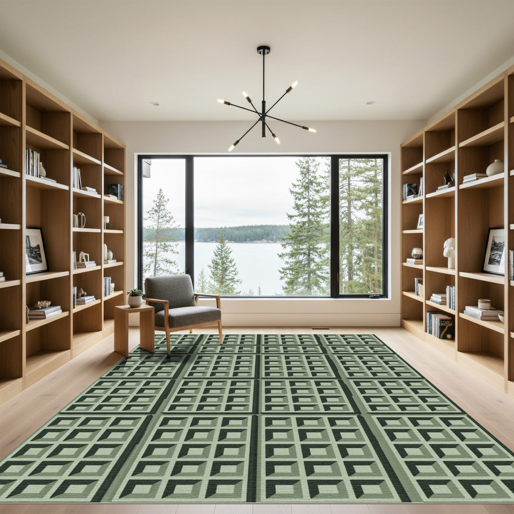 Sage Green Grid Geometric Box Rug