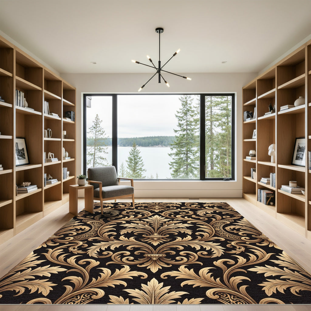 Golden Baroque Scroll Damask Black Rug