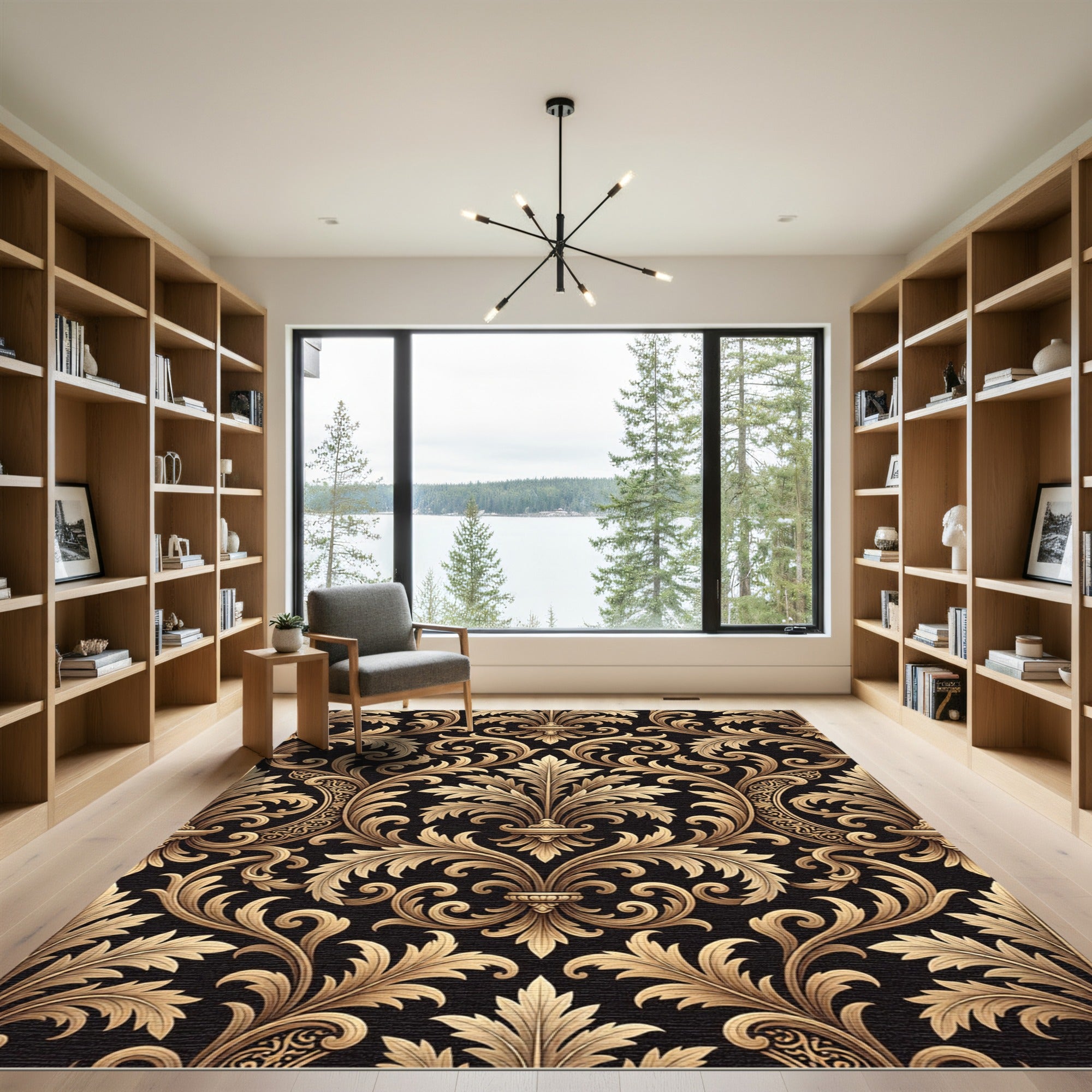 Golden Baroque Scroll Damask Black Rug
