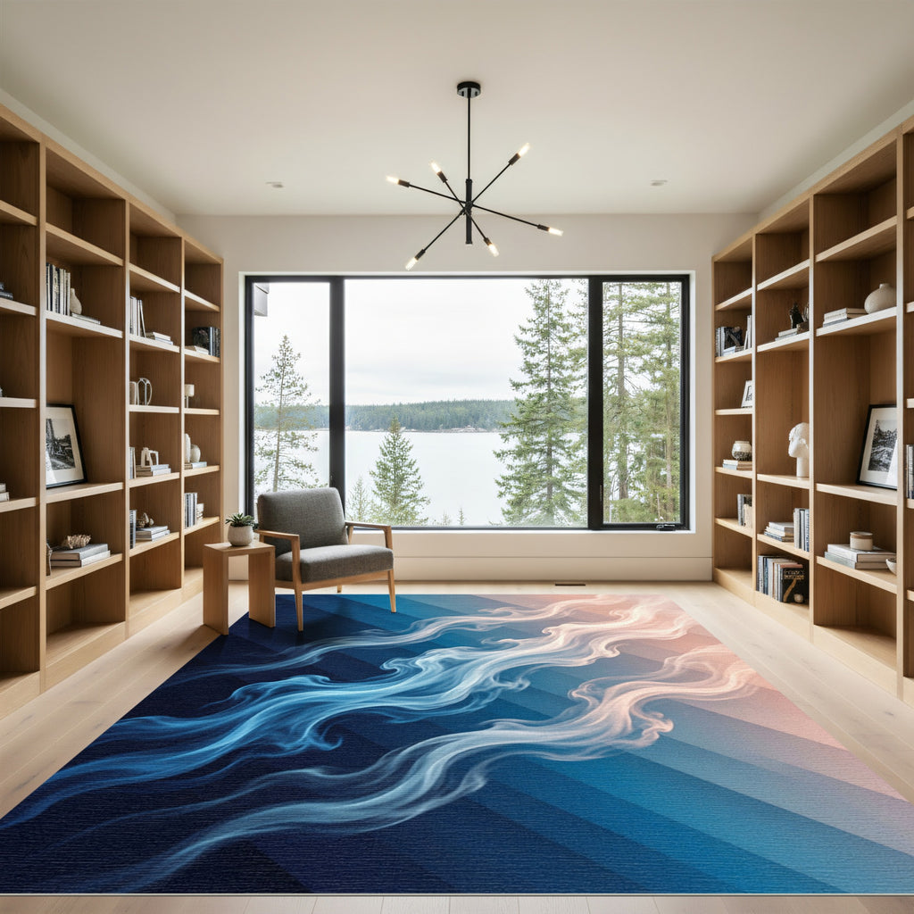 Blue White Swirling Vapor Stripes Rug