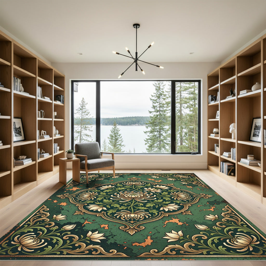 Ornate Floral Bloom Emerald Area Rug
