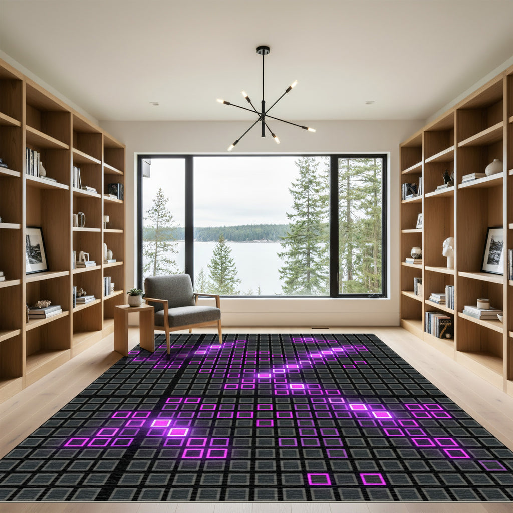 Neon Pink Grid Abstract Digital Art Rug