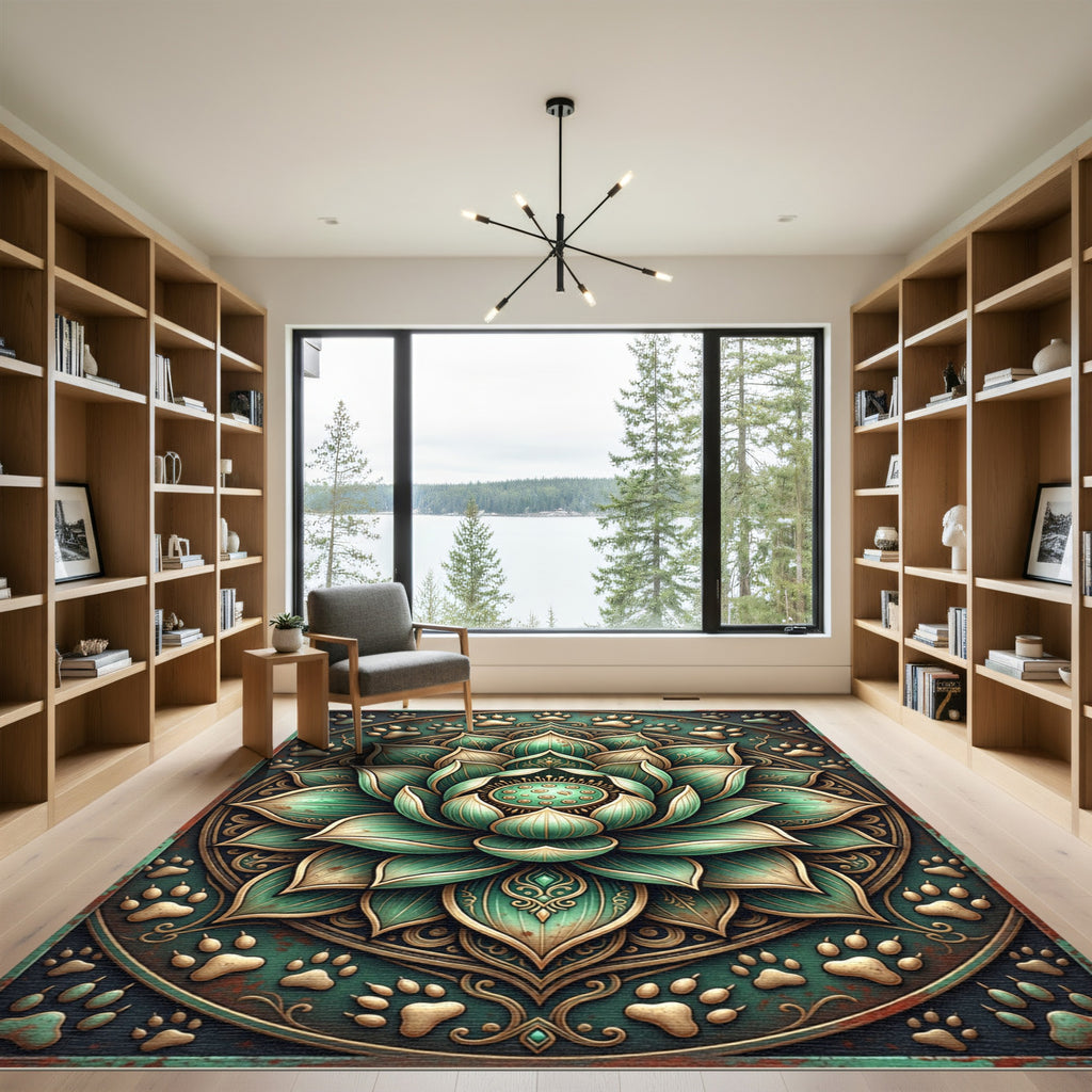 Teal Lotus Flower Paw Medallion Rug
