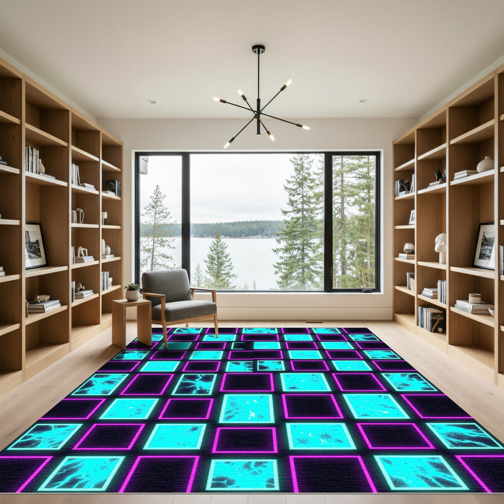 Neon Electric Blue Cyber Grid Rug
