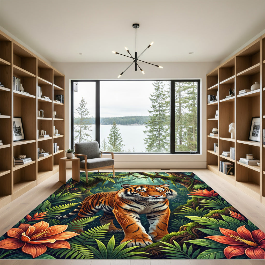 Vibrant Jungle Tiger Tropical Foliage Rug