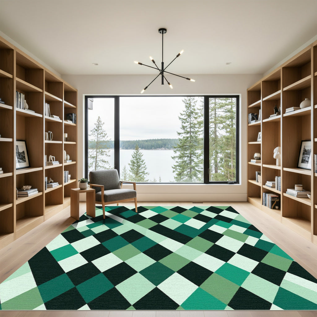 Modern Emerald Green Geometric Diamond Rug