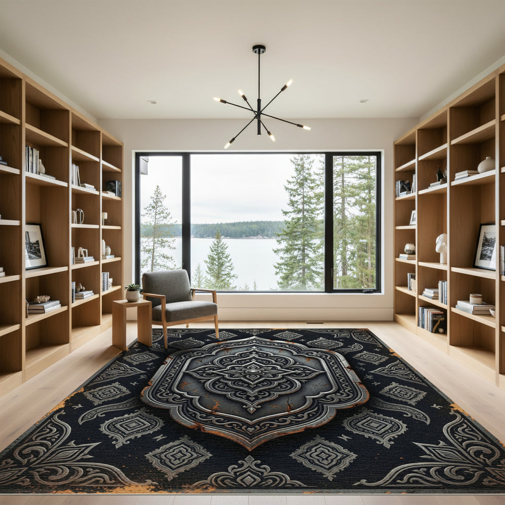 Dark Silver Damask Ornate Medallion Rug